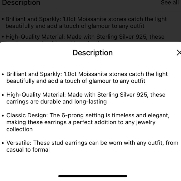 NWT 🤍 .925 STERLING SILVER 1.0 CARAT WHITE MOISSANITE 6-PRONG STUD EARRINGS - Picture 8 of 10